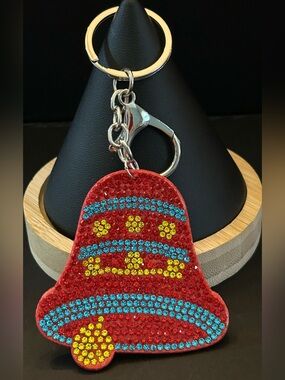 Sparkle Holiday Bell Key & Card Holder Bag Charm Keychain - Red Crystal Accents